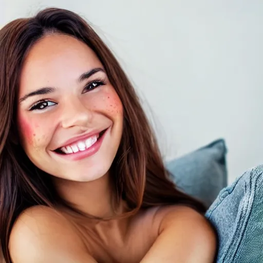 Image similar to a cute young woman smiling, long shiny bronze brown hair, full round face, green eyes, medium skin tone, light cute freckles, smiling softly, wearing casual clothing, relaxing on a modern couch, interior lighting, cozy living room background, medium shot, mid-shot, soft focus