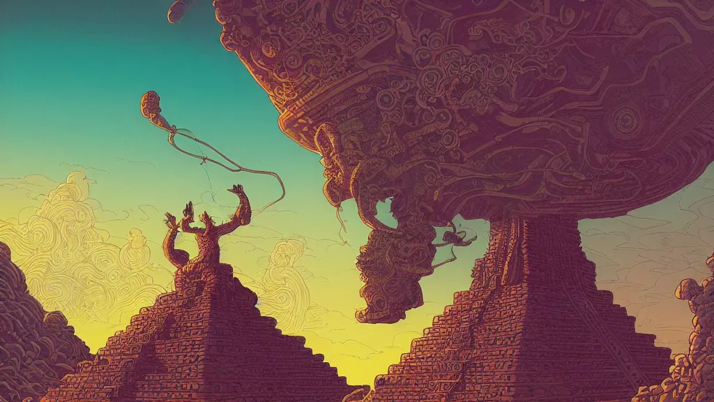 Image similar to highly detailed illustration of a mayan god standing above the clouds by kilian eng, by moebius!, by oliver vernon, by kyle hotz, by dan mumford