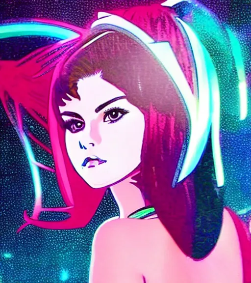 Prompt: very beautiful futuristic selena gomez in a blend of 8 0 s anime - style art, augmented with vibrant composition and color, filtered through a cybernetic lens, by hiroyuki mitsume - takahashi and noriyoshi ohrai and annie leibovitz, dynamic lighting, flashy modern background with black stripes