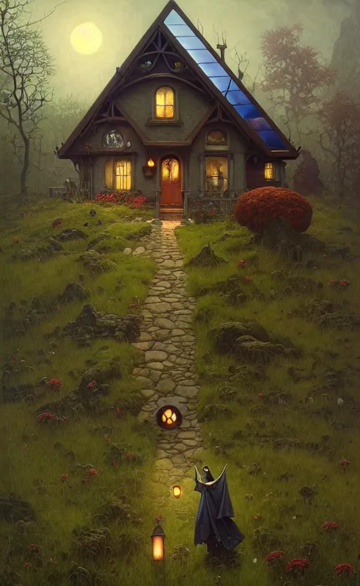 Prompt: a hyper realistic witchy cottage with solar panels on a tall hill, mountains, atmospheric lighting, lush foliage, painting by chiara bautista and tom bagshaw, mucha, beksinski and norman rockwell and greg rutkowski weta studio, and lucasfilm