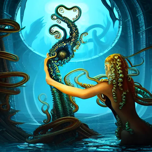 Image similar to beautiful digital fantasy illustration of an underwater city surrounded by tentacles, the forge of worlds, concept art by xul solar, two hands reaching for a fish, fractalism, high detail texture, unreal engine, 8 k, photographic quality, ultra hyper realistic quality, 8 k definiton, hyper - realistic, cinematic, cinematic lighting