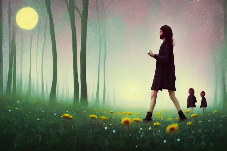 Image similar to giant daisy flowers head, girl walking in dark forest, surreal photography, dark night, stars, moon light, impressionist painting, clouds, digital painting, artstation, simon stalenhag