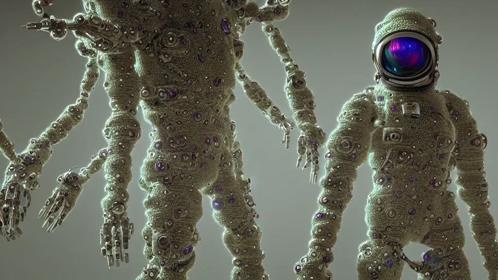 Image similar to a cybernetic symbiosis of a single astronaut mech-organic eva suit made of pearlescent wearing knitted shiny ceramic multi colored yarn thread infected with diamond 3d fractal lace iridescent bubble 3d skin dotted covered with orb stalks of insectoid compound eye camera lenses floats through the living room, film still from the movie directed by Denis Villeneuve with art direction by Salvador Dalí, wide lens,kevlar,carbon fiber,ceramics,gaseous materials,