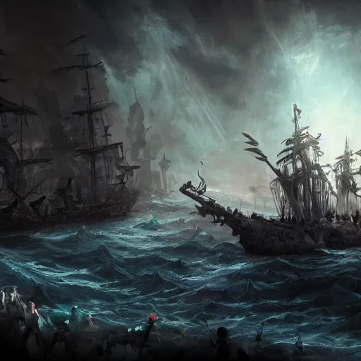 Image similar to !dream epic battle of pirates with a ghost ship filled with undead, fantasy concept art, trending on artstation, artstationHD, artstationHQ, 8k