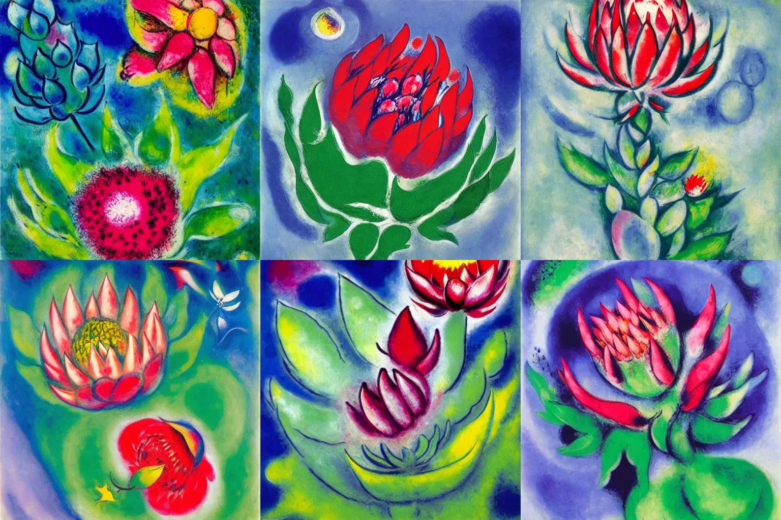 Prompt: artwork by Marc Chagall of a protea flower,