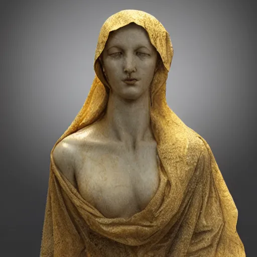 Image similar to a masterpiece marble sculpture of the veiled virgin, subsurface cracks, !dramatic !face, !female, covered in intricate !detailed golden !!streaked veil , physically based rendering, photo realistic, top light , dark background