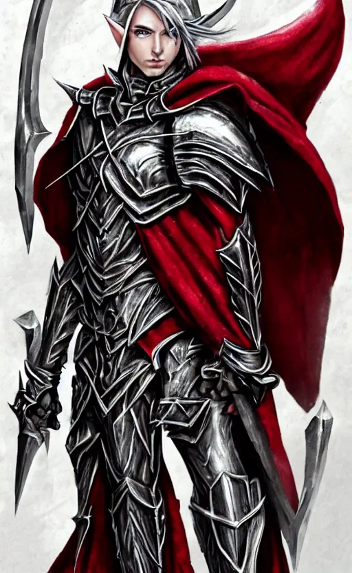 Prompt: A male elf, 20 years old, short silver hair, red eyes, wearing a spiked black metal crown, black heavy armor with gold trim, and a red cape, lean but muscular, attractive, command presence, royalty, weathered face, smooth, sharp focus, illustration, concept art, highly detailed, muscle definition, fantasy paitning, ArtStation, ArtStation HQ