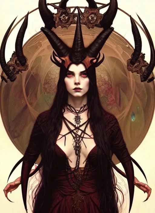 Prompt: a beautiful illustration of a satanic witch with horns in head, intricate, sharp focus, illustration, highly detailed, digital painting, concept art, matte, art by WLOP and Artgerm and Greg Rutkowski and Alphonse Mucha, masterpiece