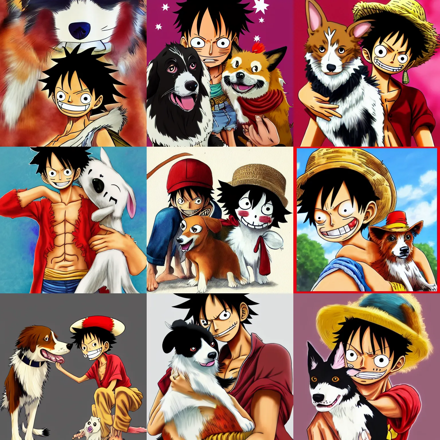 Prompt: luffy from one piece with an australian shepard, on artstation