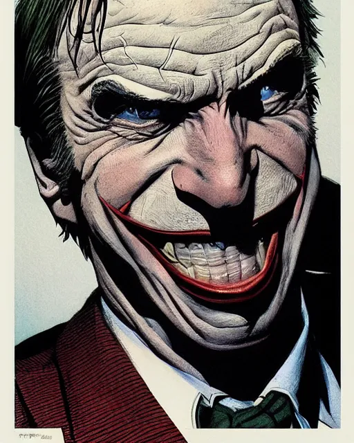 Image similar to portrait of saul goodman as the joker, illustration, art by makoto shinkai and peter elson, bernie wrightson