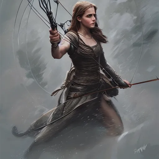 Prompt: portait of a very muscled emma watson archer shooting arrow, front game card, drark, marvel comics, dark, intricate, highly detailed, smooth, artstation, digital illustration by ruan jia and mandy jurgens and artgerm and wayne barlowe and greg rutkowski and zdislav beksinski