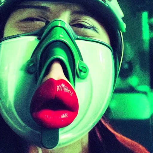 Image similar to i could see her luscious red lips visible through the translucent green gas mask as the yellow sulphur gas swirled around her.