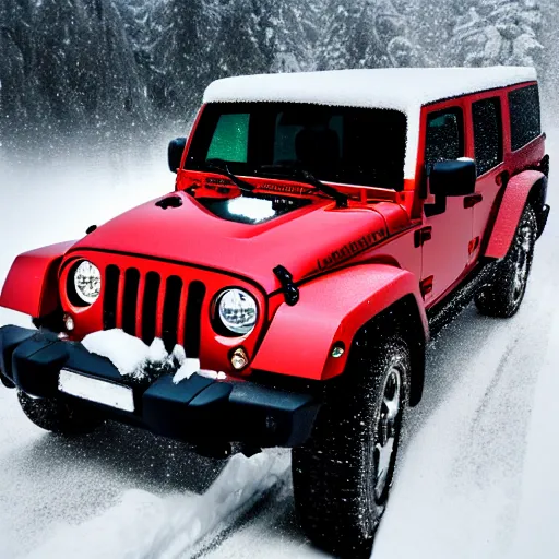 Image similar to white jeep wrangler driving up snow covered mountain on edge of a cornice, dreamy atmosphere, snowing, dramatic lighting, cinematic, photo realism