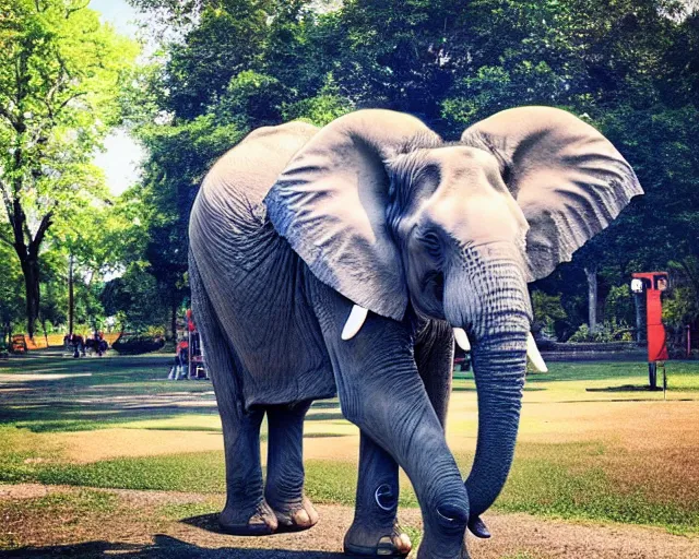 Prompt: photo of an an elephant painting a picture with its trunk holding a paintbrush while standing outside in a park on a sunny day, octane, shot on an iphone,