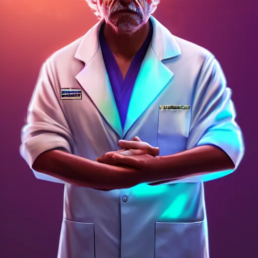 Image similar to portrait art of rick sanchez, lab coat, cyan shirt, 8 k ultra realistic, lens flare, atmosphere, glow, detailed, intricate, full of colour, cinematic lighting, trending on artstation, 4 k, hyperrealistic, focused, extreme details, unreal engine 5, cinematic, masterpiece