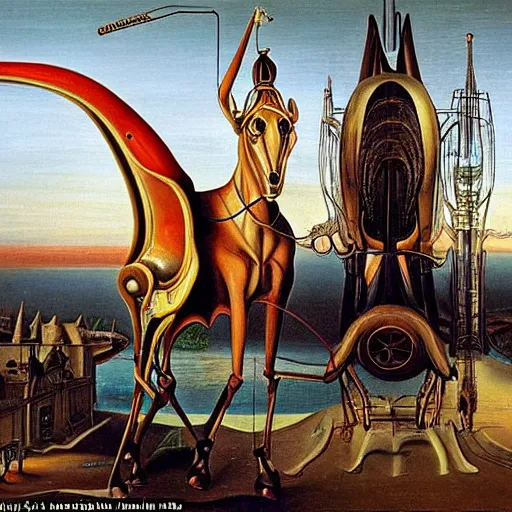 Image similar to an extremely long and spindly mechanical horse in a futuristic victorian city, oil painting, style of salvador dali and richard dadd