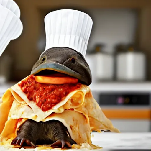 Image similar to platypus wearing a chef hat while cooking a lasagna with three basil leaves over the lasagna