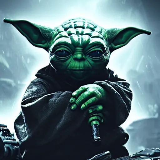 Image similar to Yoda in gears of war, splash art, movie still, detailed face, cinematic lighting, dramatic, octane render, long lens, shallow depth of field, bokeh, anamorphic lens flare, 8k, hyper detailed, 35mm film grain