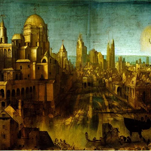 Prompt: A painting by Leonardo da Vinci of a city with tall buildings being overun by owls, dramatic lighting, cinematic, sunny day