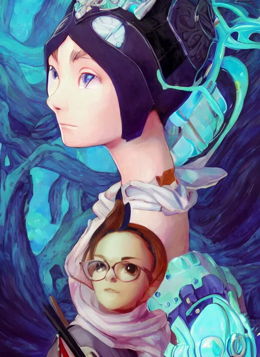 Prompt: a gouache painting in the style of breath of fire iv, a detailed 3 d render of audrey hepburn as a yorha android, by hikari shimoda, ilya kuvshinov, yoshitaka amano, by shaun tan, by good smile company, portrait, cgsociety, artstation, a modular costume and headpiece, action adventure scene