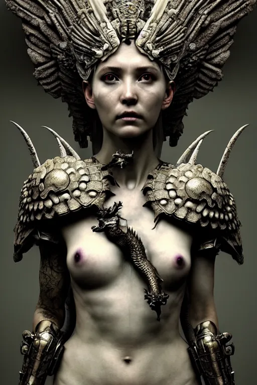 Prompt: goddess of war, half dragon, bone armor, young, beautiful, woman, full - body, realistic portrait, ethereal, soft clean focus, art by emil melmoth, gustave dore, craig mullins, yoji shinkawa, art germ, pete morbacher, david lynch, hyper detailed, high detail, artstation, hyperrealistic, unreal engine 5, ravens