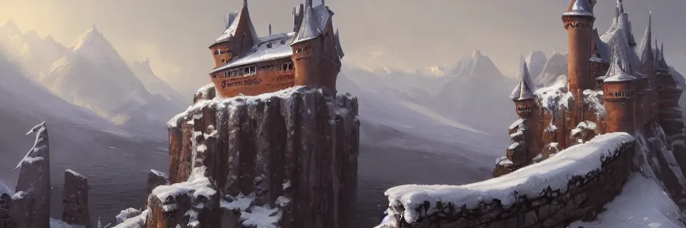 Image similar to a painting of a castle in the middle of a snowy mountain, a detailed matte painting by andreas rocha and greg rutkowski, featured on artstation, fantasy art, matte drawing, matte painting, artstation hq