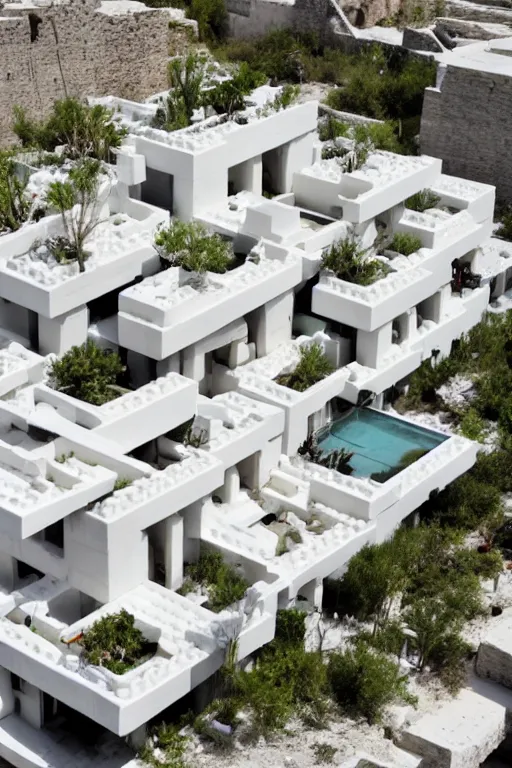 Image similar to habitat 6 7, white lego terraced architecture hotel in the dessert, many plants and infinite pool