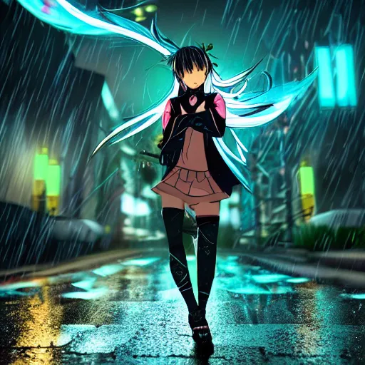 Prompt: beautiful young female anime! ninja with extremely detailed eyes action pose, neon city, raining, dramatic, 8 k