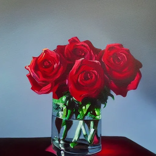 Prompt: oil painting of roses in cinematic dimly light, shadows, dramatic and very very very very beautiful masterpiece, light reflection, light refraction, transparent glass vase, bold and sloppy brush strokes