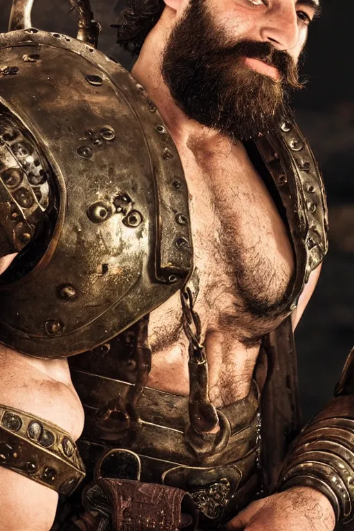 Image similar to portrait of a herculean jewish warrior. smooth iron and bronze armour. rugged young man, very beautiful. big muscles, cinematic lighting, highly detailed, full body shot. beard. bollywood action movie poster
