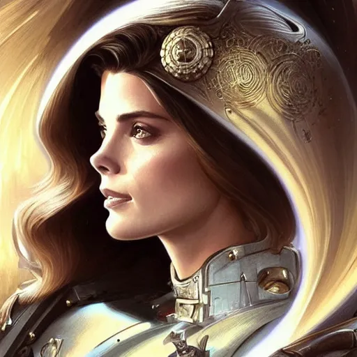 Prompt: Ashley Greene's and Grace Kelly's faces combined as a Space Marine, western, D&D, fantasy, intricate, elegant, highly detailed, digital painting, artstation, concept art, matte, sharp focus, illustration, art by Artgerm and Greg Rutkowski and Alphonse Mucha