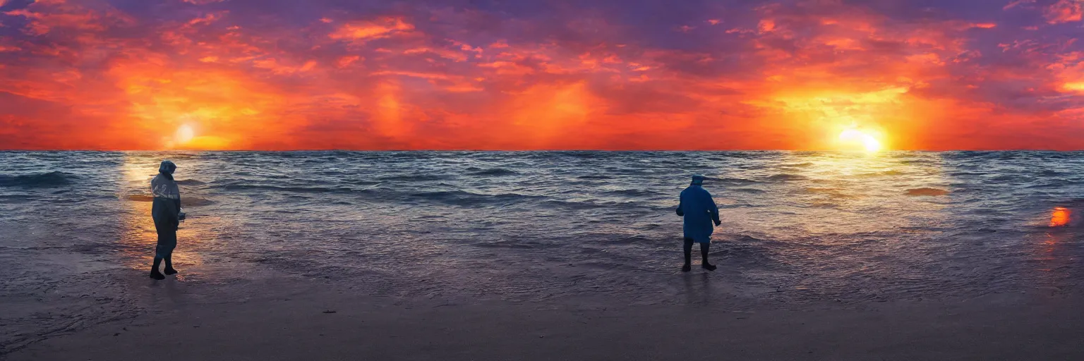 Prompt: an old fisherman walking on the beach overlooking a sinking spaceship in the ocean. sunset and colorful sky, two suns