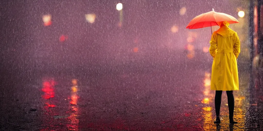Prompt: a girl in a yellow raincoat and a red umbrella, standing in the rain, night, tokyo street, raining , wet, artstation, cgsociety, depth of field, bokeh, neon lights