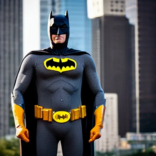 Prompt: Adam West as Batman 2022, 70mm, EOS-1D, f/1.4, ISO 200, 1/160s, 8K, RAW, symmetrical balance, in-frame, Dolby Vision