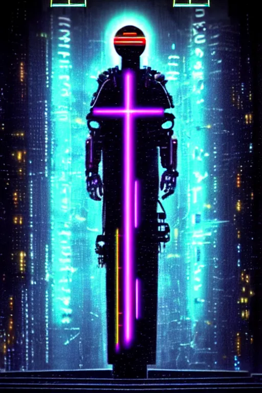 Image similar to cruxifiction of the technochrist, cyberpunk, bladerunner, rain, neon, holy, sacrifice, future, neo testament, video artifacts