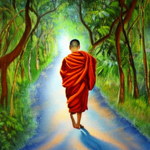 Prompt: fuzzy painting of a young buddhist monk walking down a narrow road in jungle early morning