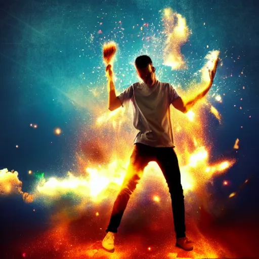 Image similar to man hitting the ground creating a explosion, anime, album cover, musical notes