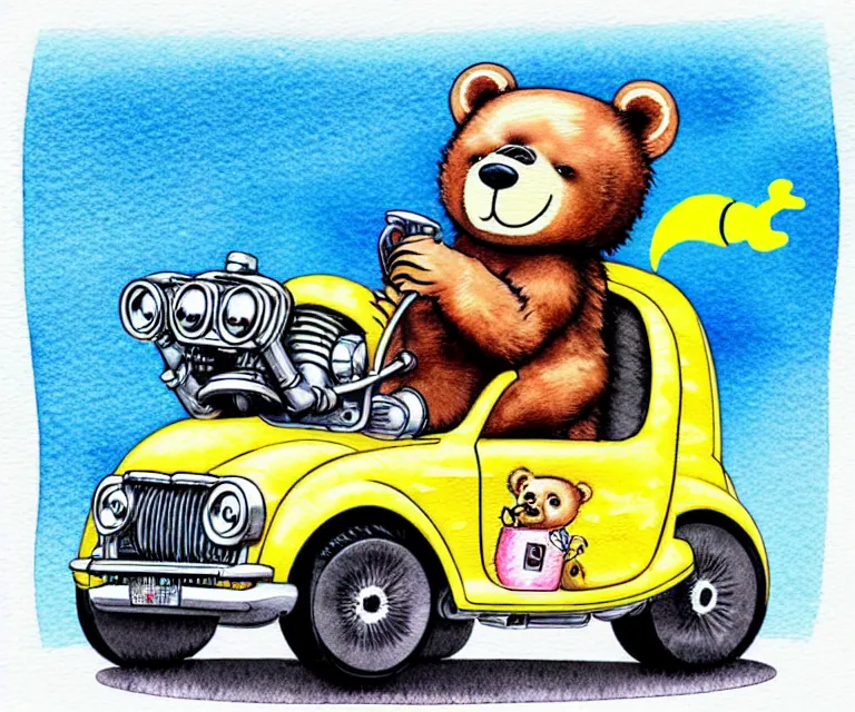 Image similar to cute and funny, bear wearing a helmet riding in a tiny hot rod with oversized engine, ratfink style by ed roth, centered award winning watercolor pen illustration, isometric illustration by chihiro iwasaki, edited by range murata