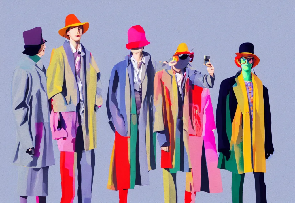 Prompt: full body portrait of a trio of young fashionable european tourists long pattern coat travel apparel, with nikon cameras, sightseeing various poses shooting photos, character designs painting, in the style of wes anderson, rene magritte, lola dupre, david hockney, isolated on white background, dark monochrome neon spraypaint accents volumetric octane render