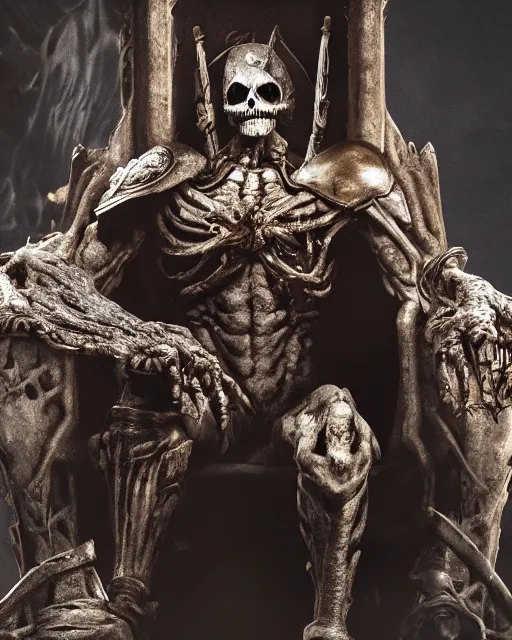 Image similar to closeup of skeletor sitting in a throne in a decayed castle, dramatic lighting, frank frazetta, rim lighting, octane, dark souls, craig mulins, octane, 8 k
