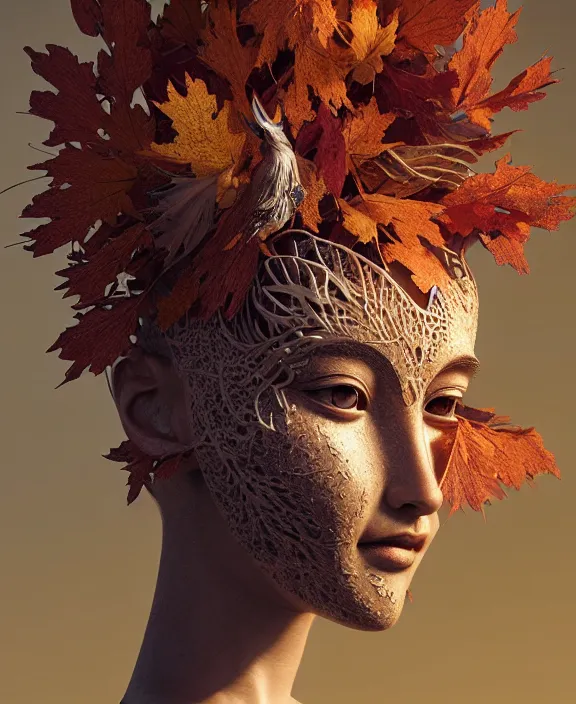 Prompt: 3 d goddess close - up profile portrait of a beautiful intricately detailed autumn mask, fall leaves, thistles, phoenix, dried plants, foxes, wind, creature, artwork by tooth wu and wlop and beeple and greg rutkowski