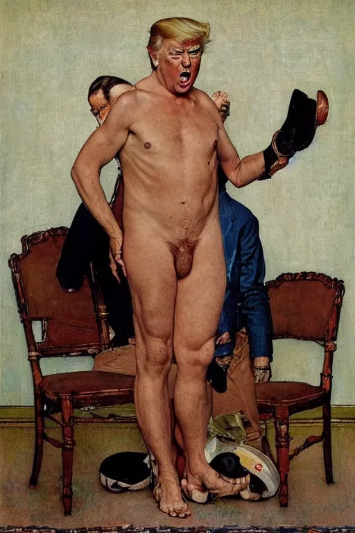 Prompt: “ a norman rockwell painting of donald trump caught with his pants down. ”