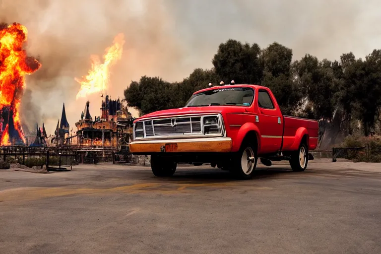 Image similar to lifted pickup in front of burning Disney Land by Emmanuel Lubezki