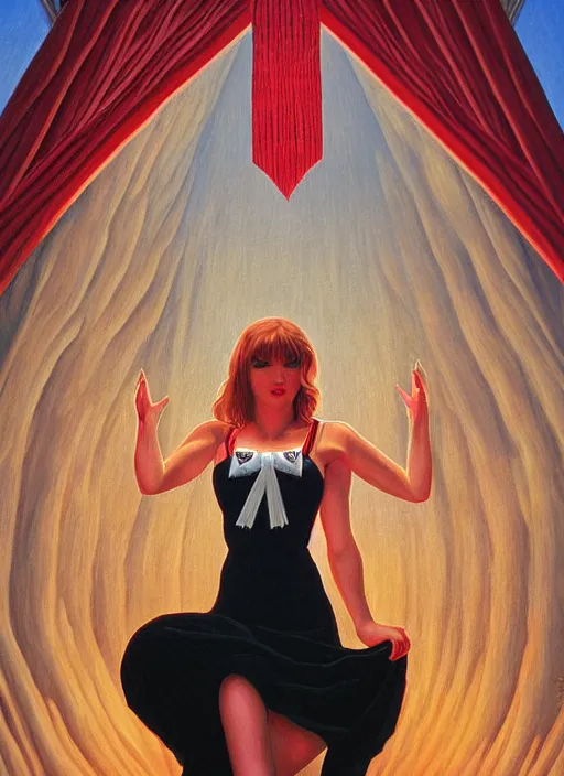 Prompt: twin peaks poster art, portrait of talyor swift cheerleader in sacrifice ritual at the black lodge, by michael whelan, rossetti bouguereau, artgerm, retro, nostalgic, old fashioned