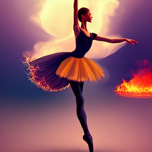 Image similar to a beautiful ballerina dancing during the a wild fire, naturalism, digital art, artstation, smooth, sharp, high quality