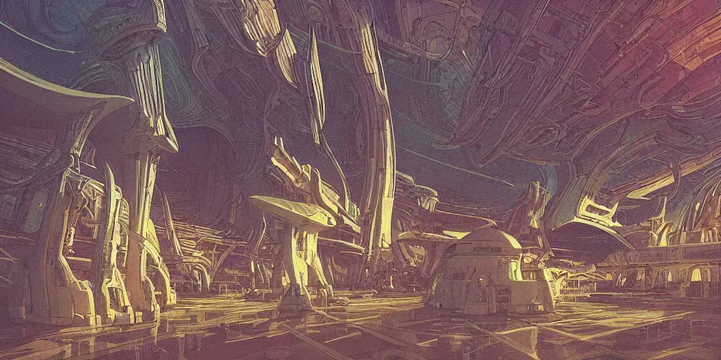Image similar to cel shaded cinematic shot of the interior of a sci-fi space station with ornate Elven architecture bustling with various intelligent alien species, epic castle, emerald, crystalline, detailed illustration, sharp focus, crisp lines, art by Moebius, Jean Giraud Moebius comic illustration