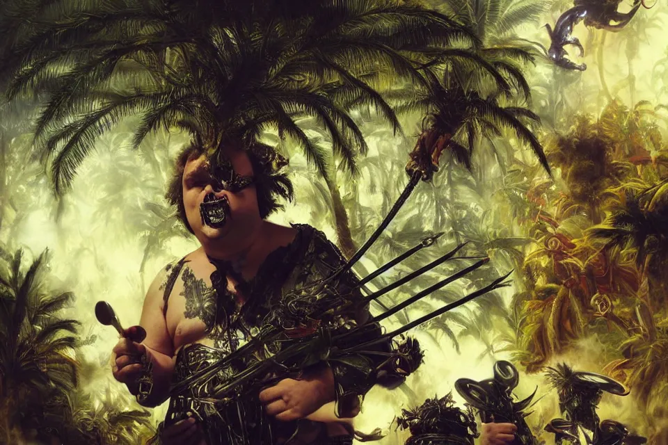 Image similar to an extreme close - up of jack black wearing gothic helmets playing with a giant insect surrounded by saxophones, palm trees, jungle fruit, volumetric light caustics kim keever clouds of pigment smoke, by hajime soryama, boris vallejo, bouguereau