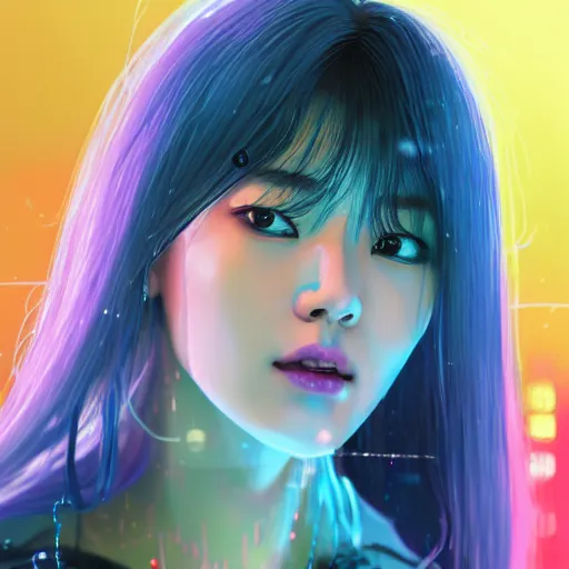 Prompt: a film still of kim sung hee as joi in the rain with blue hair, cute - fine - face, pretty face, cyberpunk art by sim sa - jeong, cgsociety, synchromism, detailed painting, glowing neon, digital illustration, perfect face, extremely fine details, realistic shaded lighting, dynamic colorful background