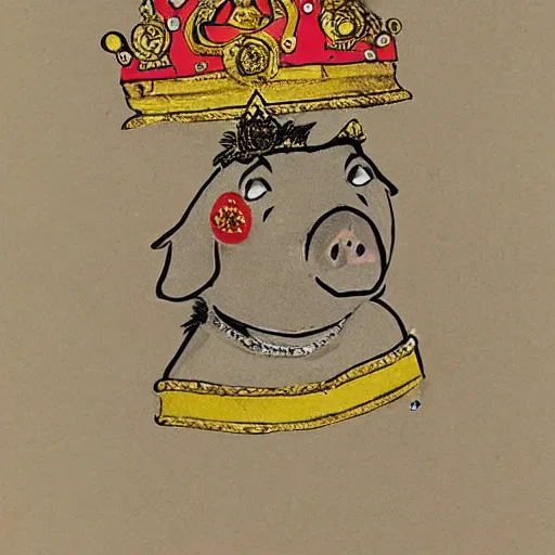 Image similar to a pig wearing a gold crown in the style of R. K. Laxman