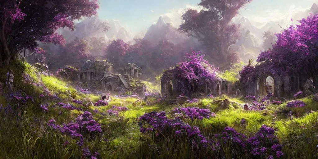 Prompt: beautiful hyper realistic scenery filled with purple crystals, overgrowth of grass, plants, mushrooms, beautiful painting by greg rutkowski set in lord of the rings, starcraft, atmosphere, ethereal, magic, amazing, positive vibes